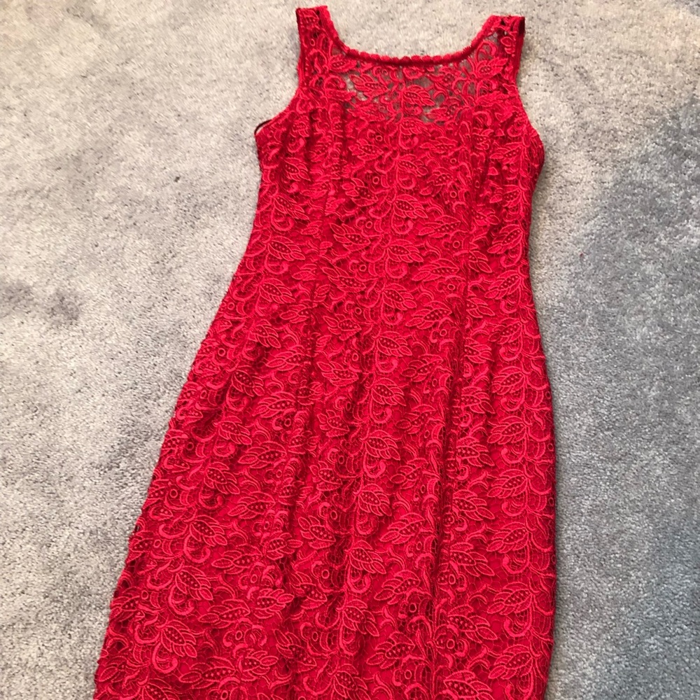 Red lace Dress hits just below the knees